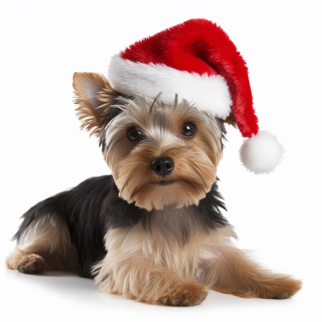 Een hond met een kerstmuts waarop 'yorkie' staat.