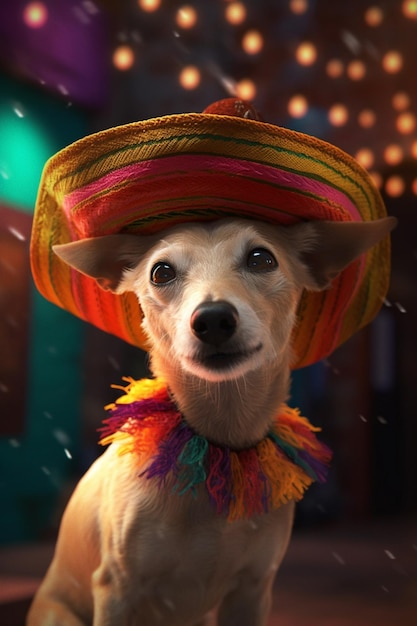 Een hond met een kleurrijke hoed waarop 'chihuahua' staat