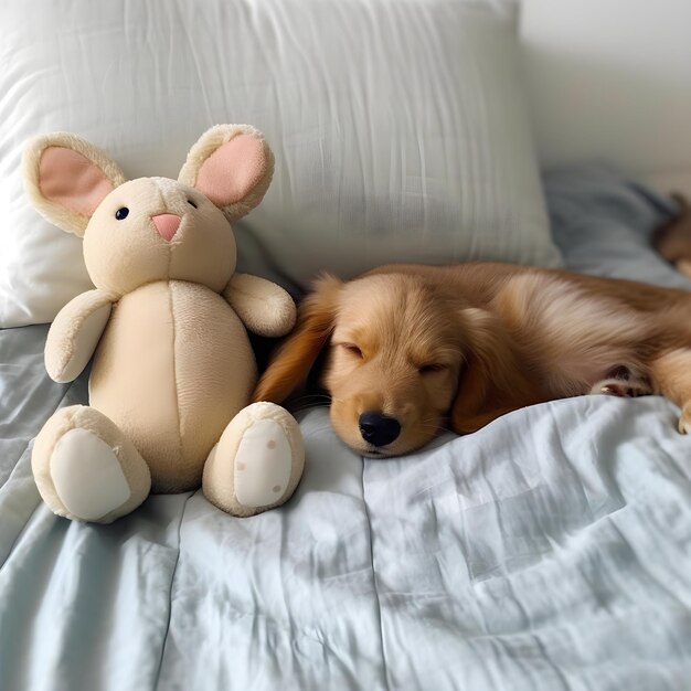 Een hond met een knuffelkonijn op het bed.