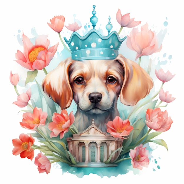 een hond met een kroon en bloemen in een aquarel