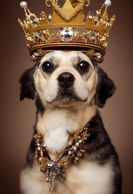 Een hond met een kroon waarop 'koning' staat