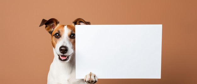 Foto een hond met een lege papieren poster met kopieerruimte