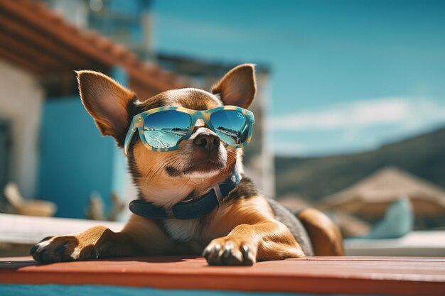 Foto een hond met een modieuze zonnebril ligt op het dak en reist op het strand in de zomer.