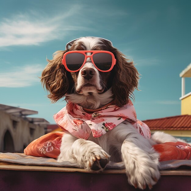 Foto een hond met een modieuze zonnebril ligt op het dak en reist op het strand.
