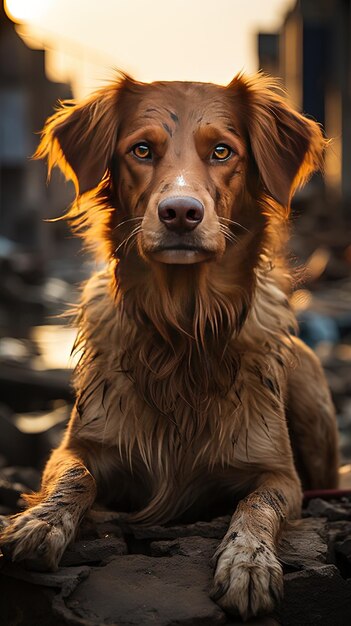 een hond met een natte jas zit op een stapel hout