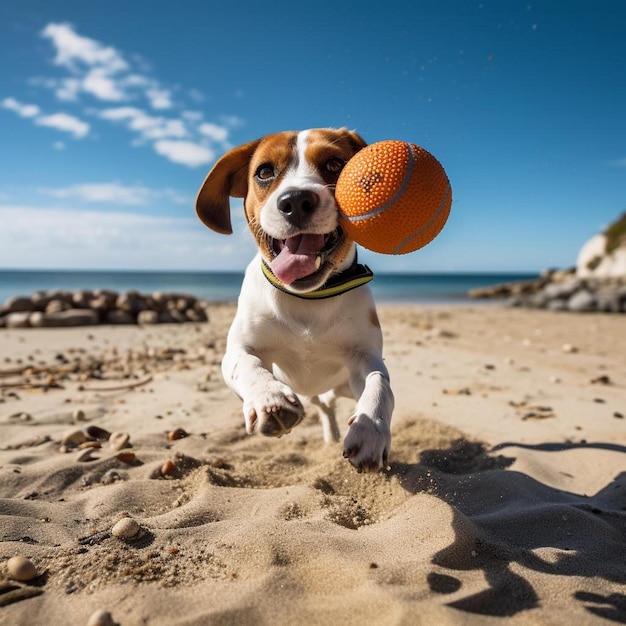 een hond met een oranje bal in zijn mond op een strand