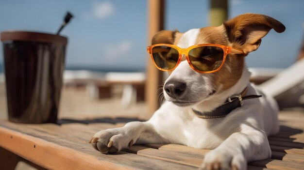 Een hond met een oranje zonnebril zit op een houten dek met een blauwe lucht op de achtergrond.