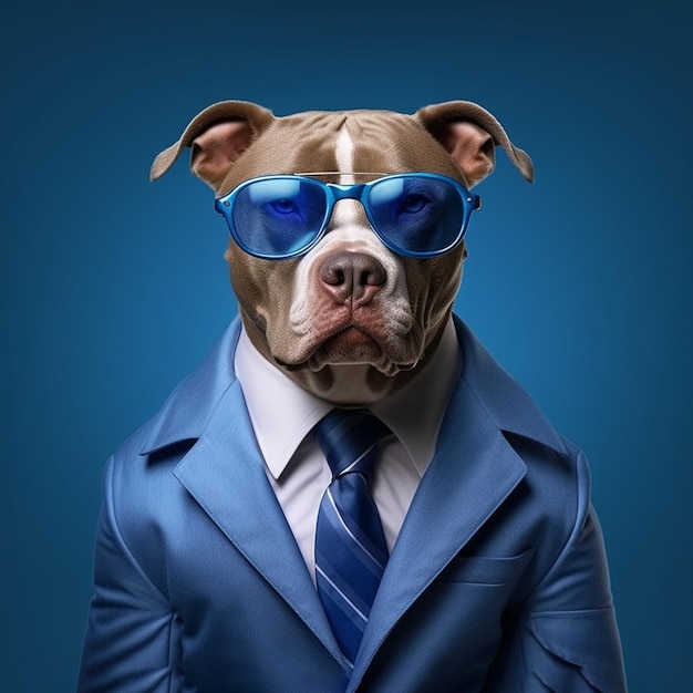 een hond met een pak en een zonnebril op een blauwe achtergrond een portret digitale kunst pit bull reclame