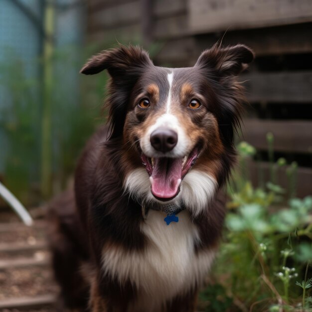 Een hond met een penning aan zijn halsband staat in een tuin.