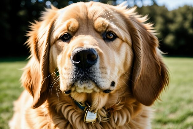 Foto een hond met een penning waar 'golden retriever' op staat