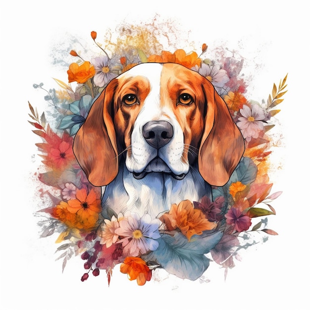 Een hond met een portret van een hond en bloemen.