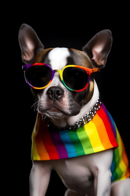 Een hond met een regenboogoog en een lgbtq-bril