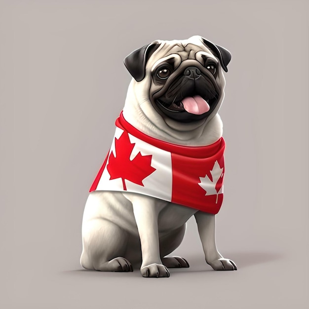 Een hond met een rode en witte sjaal waarop Canada staat.