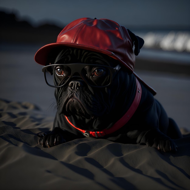 Een hond met een rode hoed en bril ligt in het zand.