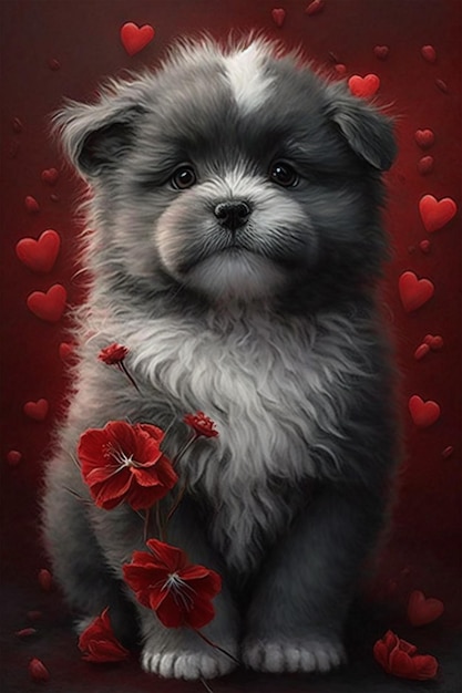 Een hond met een rood hart erop