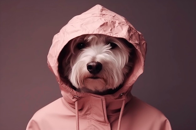 Een hond met een roze hoodie met de tekst 'hond' erop