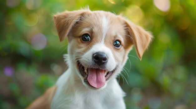 een hond met een roze tong die eruit steekt, glimlacht