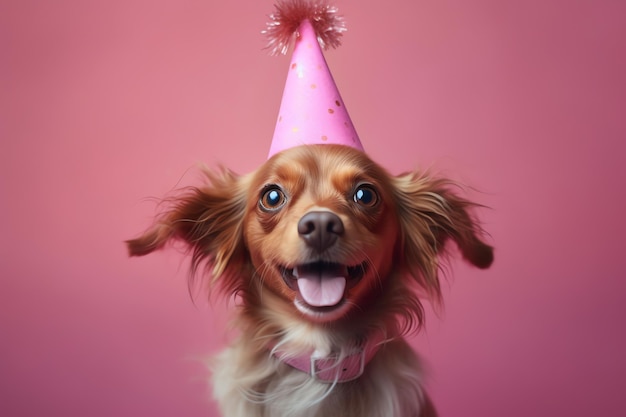 Een hond met een roze verjaardagsmuts met het woord hond erop