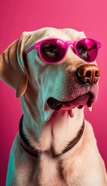 Een hond met een roze zonnebril en een roze achtergrond met de woorden 'dog love' erop