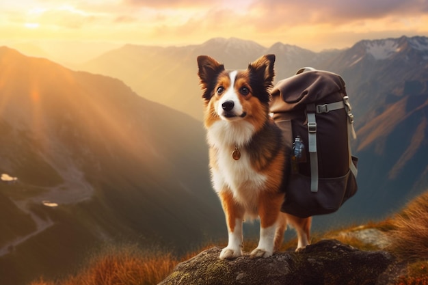 Een hond met een rugzak staat op een rots voor een zonsondergang.