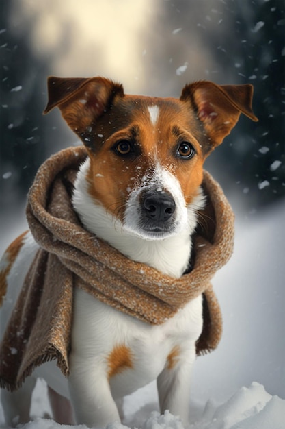 Een hond met een sjaal om in de sneeuw