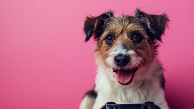 Een hond met een spelcontroller op een roze achtergrond