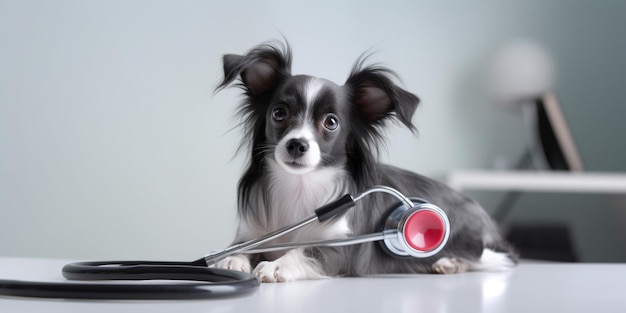 Een hond met een stethoscoop op zijn oren zit op een tafel.