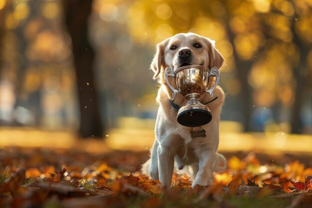 Een hond met een trofee in zijn mond