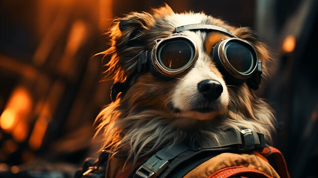 Een hond met een veiligheidsbril en vest