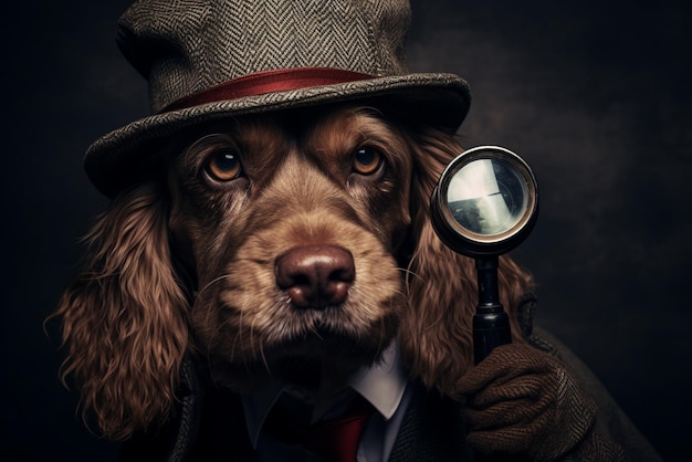 Een hond met een vergrootglas gekleed als een detective