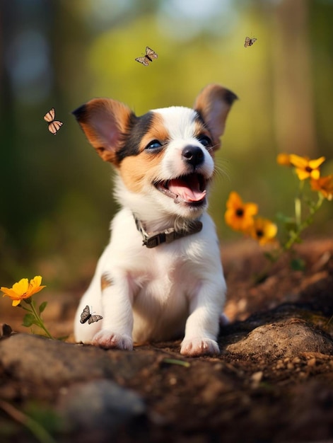 een hond met een vlinder op zijn oor en het woord vlinder erop