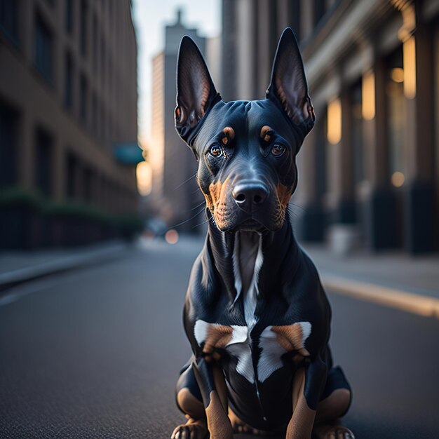 Een hond met een vlinderdas zit op straat.