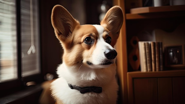 Een hond met een vlinderdas zit voor een boekenkast.