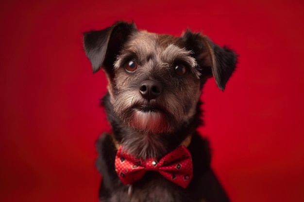 Een hond met een vlinderdas zit voor een rode achtergrond.