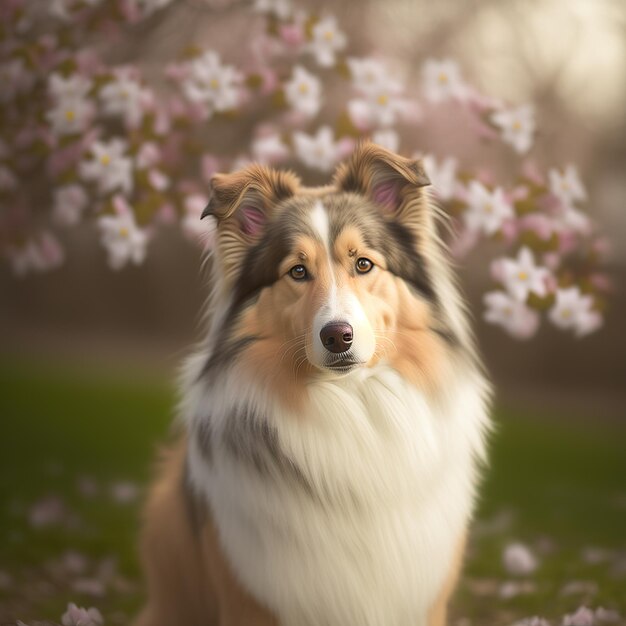 Een hond met een witte en bruine vacht zit in een bloemenveld.