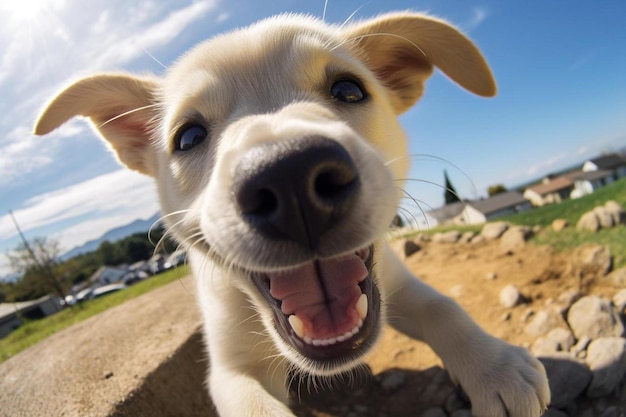 een hond met een witte neus en een blauwe hemel op de achtergrond