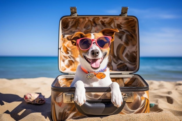 een hond met een zonnebril die in een koffer op het strand zit