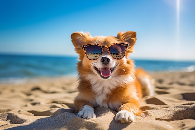 Een hond met een zonnebril die op het zandstrand rust tijdens een zonnige dag Generatieve Ai