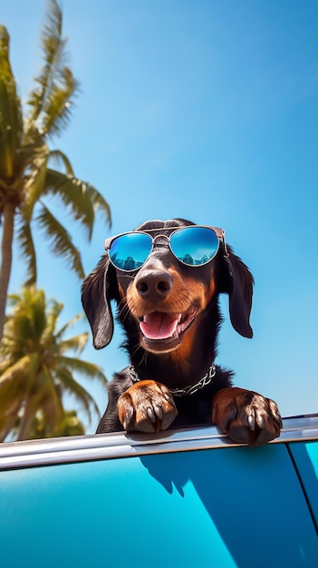 Een hond met een zonnebril en een blauw met goud omrande zonnebril staat op het dak van een auto.