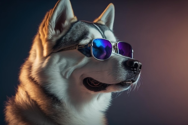 Een hond met een zonnebril en een blauw-witte husky met een paarse achtergrond