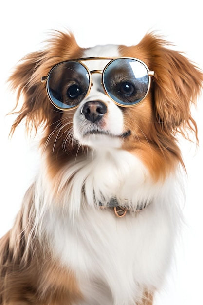 Een hond met een zonnebril en een halsband met de tekst 'papillon' erop