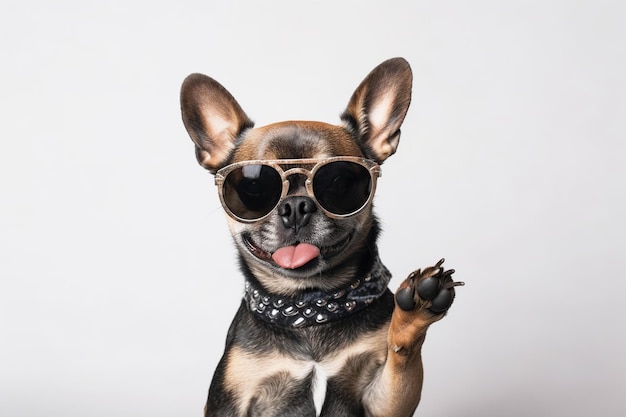 Een hond met een zonnebril en een halsband met het woord frans erop