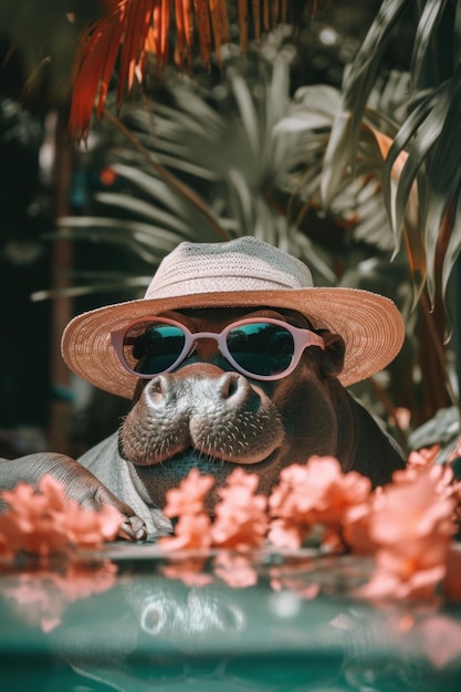 Een hond met een zonnebril en een hoed met bloemen Generatief AI-beeld