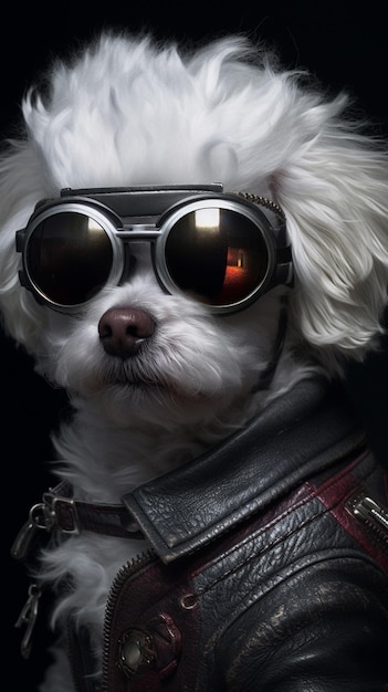 Een hond met een zonnebril en een leren jack