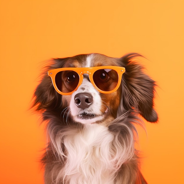 Een hond met een zonnebril en een oranje achtergrond.