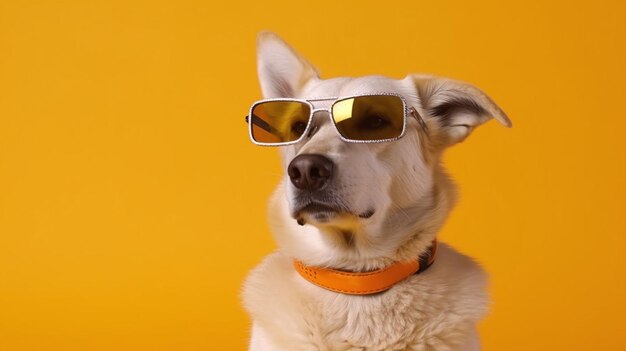 Een hond met een zonnebril en een oranje halsband