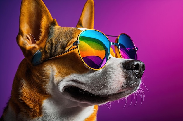 Een hond met een zonnebril en een regenboogkleurige corgi