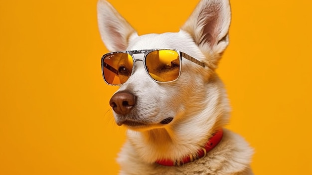 Een hond met een zonnebril en een rode halsband staat voor een gele achtergrond.