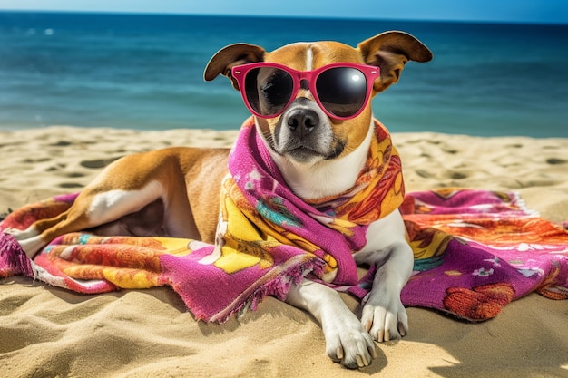 Een hond met een zonnebril en een sjaal ligt op een strand.