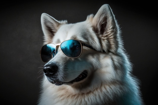 Een hond met een zonnebril en een zwarte achtergrond